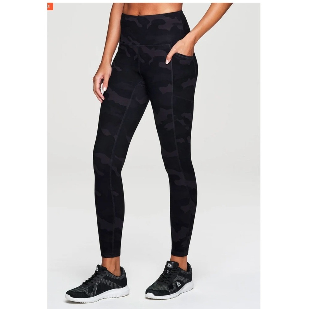 RBX Womens Size Small Full Length Legging Black Gray Camo Side Pockets High Rise